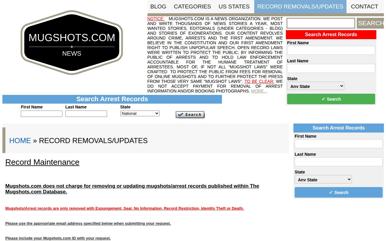 Mugshots.com record maintenance page describing an unofficial no-fee document process