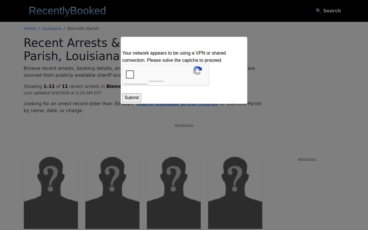 Unofficial RecentlyBooked Bienville Parish page with coverage and no-image notice